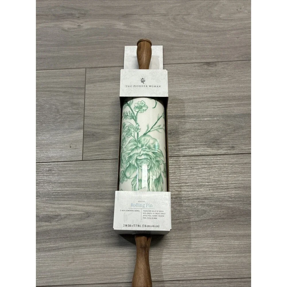 NEW-Pioneer Woman AGATHA Green Rolling Pin-Olivewood Handles-Butterflies